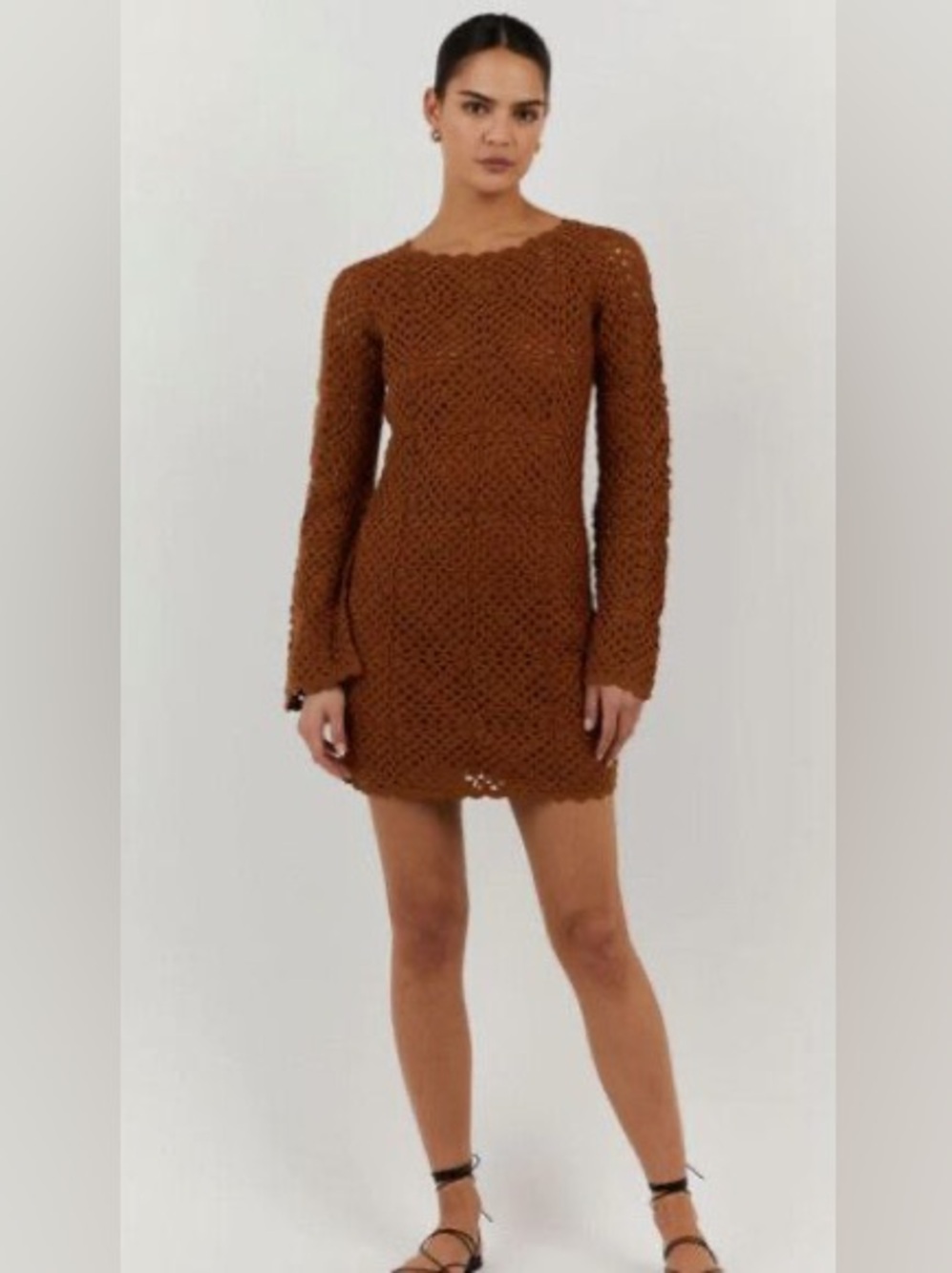 Dissh Clover Tan Brown Crochet Long-Sleeve Mini Dress Size M